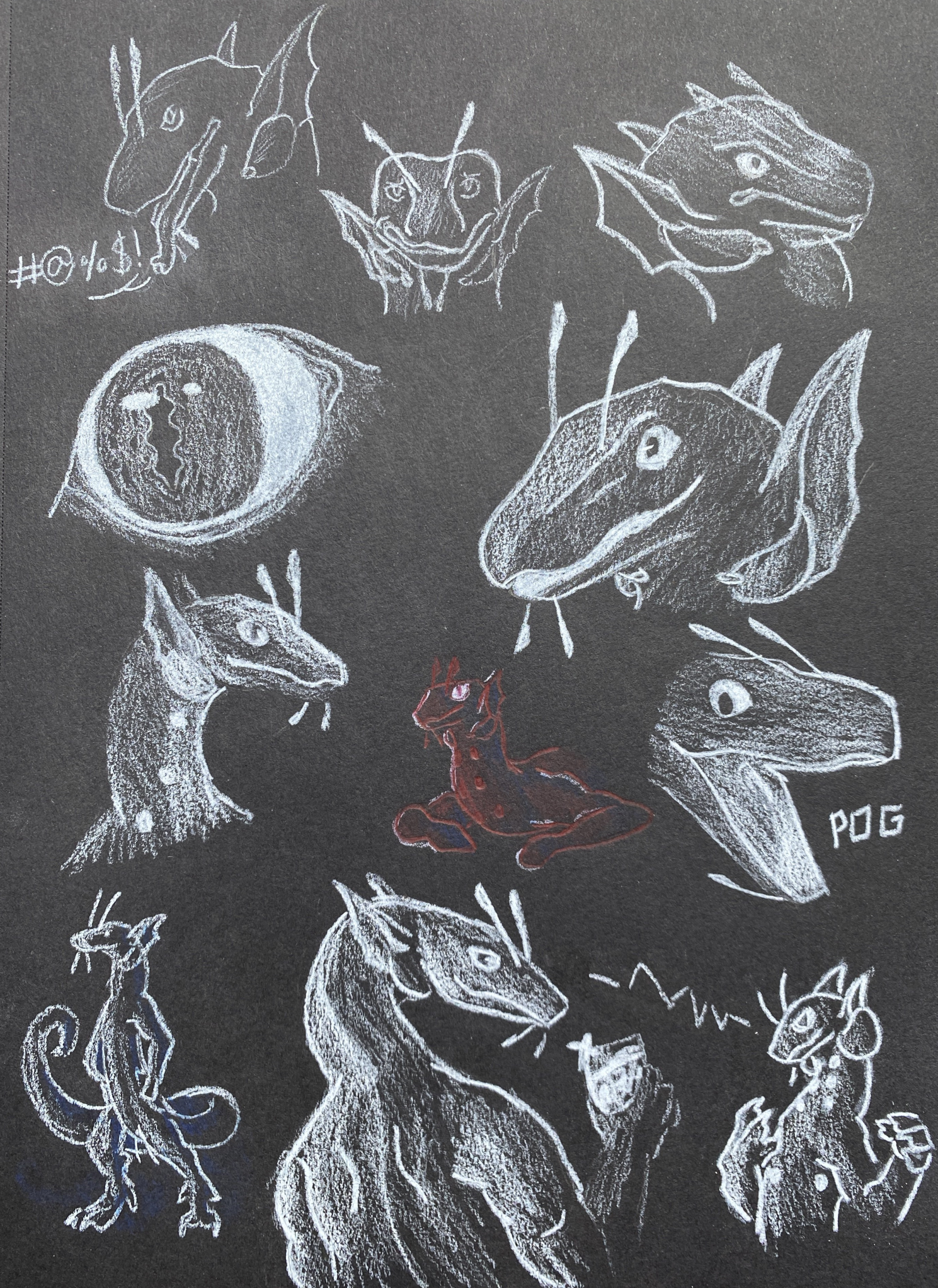 Traditional art: Various doodles of hexapods drawn with white pencil on black paper.