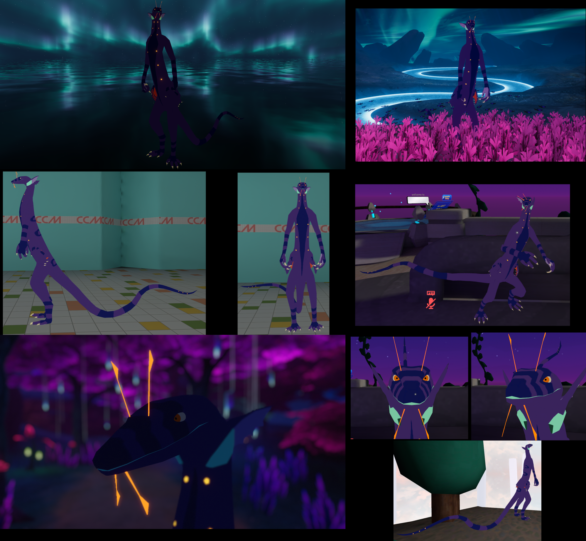 Compilation of VRChat screenshots showing an avatar of a purple snake-like alien character in various poses and locations.