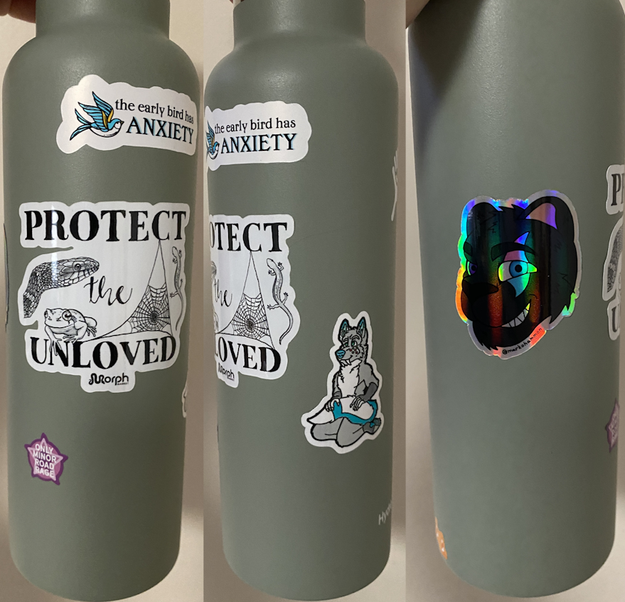 A light desaturated green insulated metal water bottle. The image is three pictures spliced together, all showing it rotated around so you can see the                       stickers on it. The stickers are: A blue bird flying with the caption: The early bird has anxiety. A snake, frog, spiderweb, and lizard with the caption: Protect the unloved. A purple star that says: Only minor road rage. A gray                       canine furry sitting down and looking up. A portrait of a black furry with an eye scar that is entirely holographic.