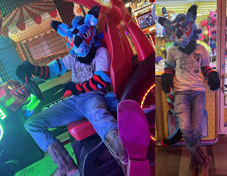 Two images of a blue kangaroo partial fursuit.