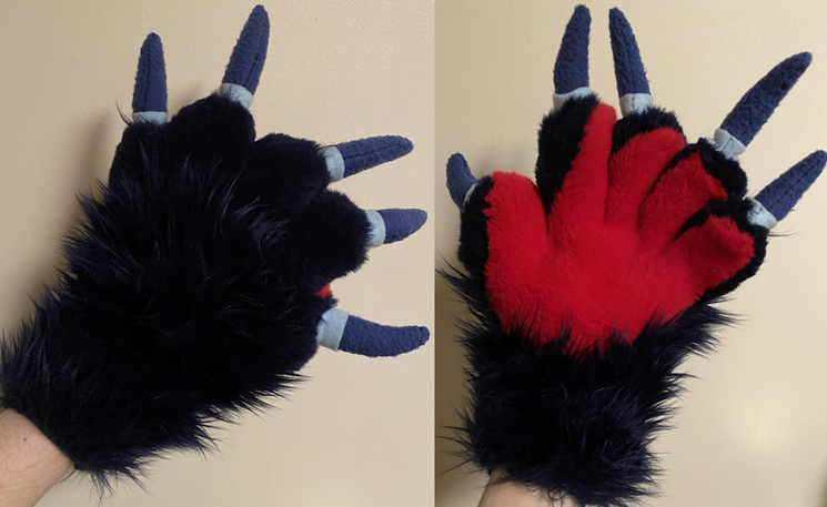 Two photos of the fursuit paws, which are fluffy dark purple with light blue fleece claw sheaths, navy fleece claws, and red fur palms.