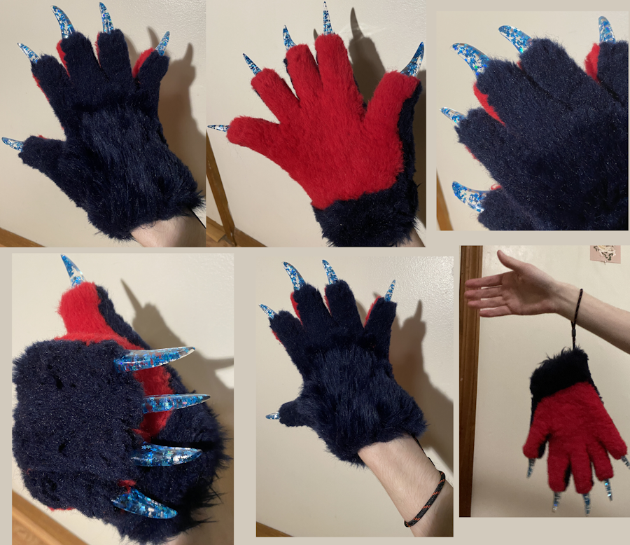 A collage of hand paws. They're dark purple with red palms. They're 5-fingered slim fitted like a glove. They have clear resin claws with star shaped confetti pieces in it.