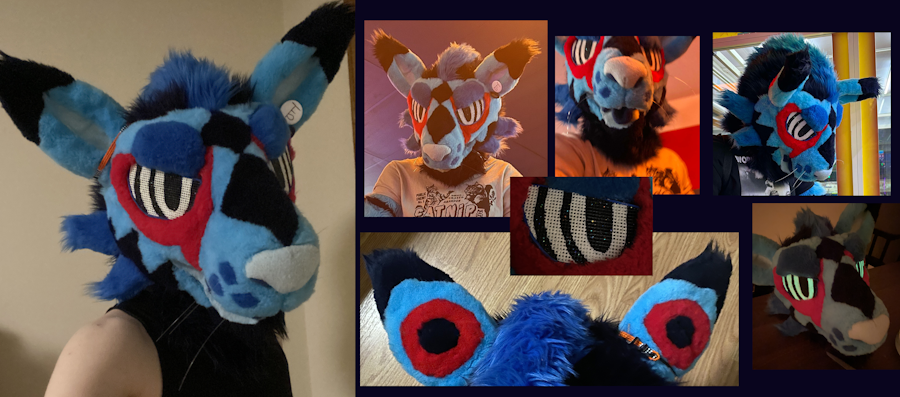 Collage of this fursuit head. It's blue with red rims around the eyes that point down to the mouth. It has dark purple diamonds along the muzzle. It has three whiskers poking out from whisker dots. It has false eyes on the backs of its ears.