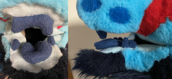 Two close-ups of the fursuits mouth showing its light blue mouth flesh and navy blue teeth.