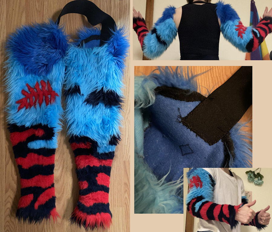 Compilation of the suit's sleeves. They're bright blue but turn dark purple and red at the wrists. They have a red fern shaped marking in one sleeve.