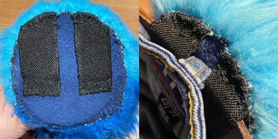 Two photos of the tail base, showing two elastic straps that go between jean belt loops.