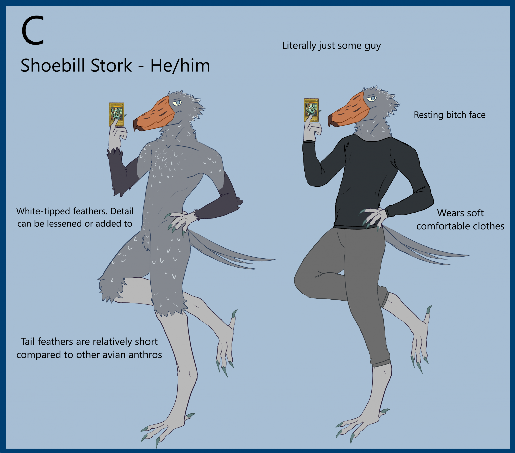 Digital reference sheet for my shoebill stork fursona. There are two versions of the same pose, one naked and one clothed. He is thin and has a resting bitch face.