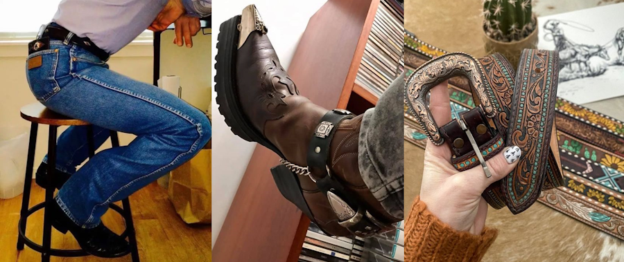 Three images from my Pinterest board. There is a man in jeans and a t-shirt sitting on a barstool leaning against a table. Ornate cowboy boots with leather and chain bootstraps wrapped around them. A hand holding a carved leather belt, with more carbed belts in the background.