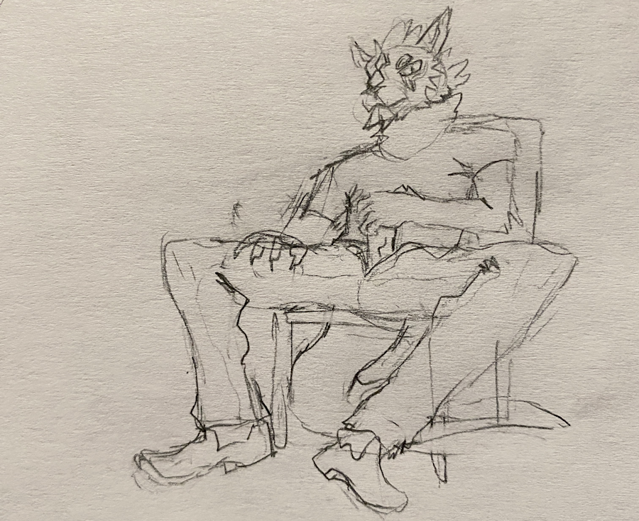 Rough pencil sketch of my kangaroo fursona sitting back in a chair jerking off his dick.