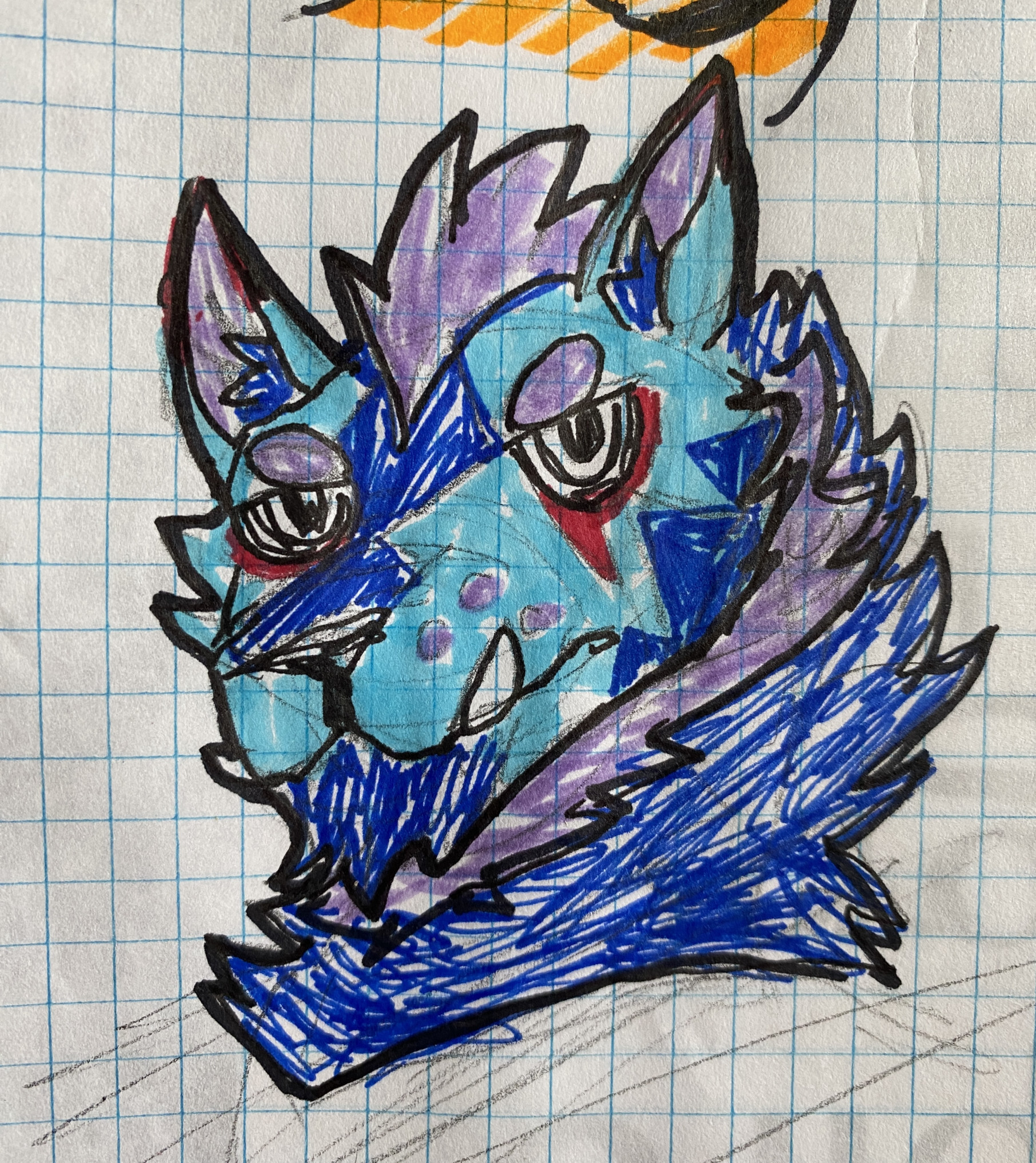 Traditional pen and marker headshot of my blue and red kangaroo fursona.