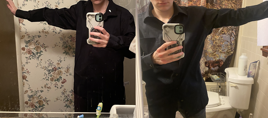 Two images showing my work shirt before and after tailoring. The shirt on the left is loose and oversized while the shirt on the right fits much better.