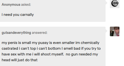 Tumblr screenshot of an anonymous user saying 'i need you carnally' and gutsandeverything responding with 'my penis is small my pussy is even smaller im chemically castrated i can't top i can't bottom I smell bad if you try to have sex with me i will shoot myself. no gun needed my head will just do that'