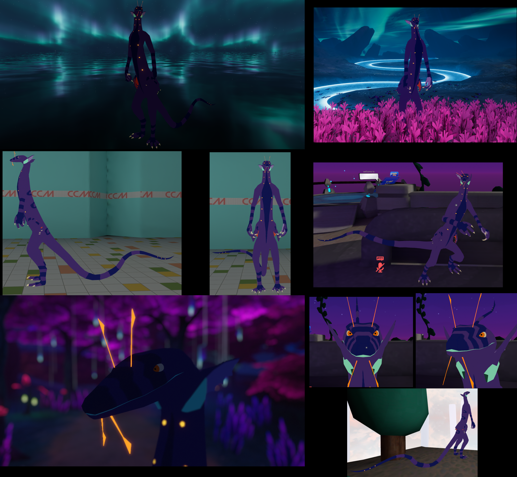 Compilation of VRChat screenshots showing the purple alien in action.