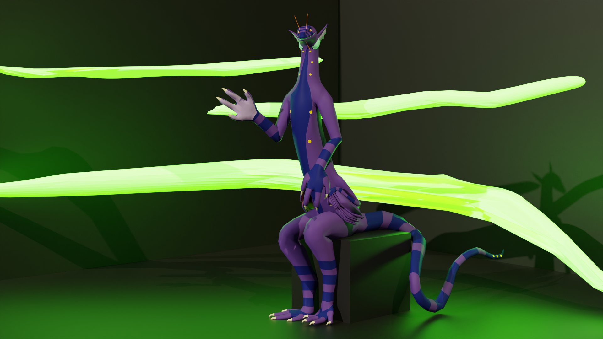 3D render of a purple snake-like alien character waving to the camera while in a black room sitting on a black cube with glowing green shapes behind them.
