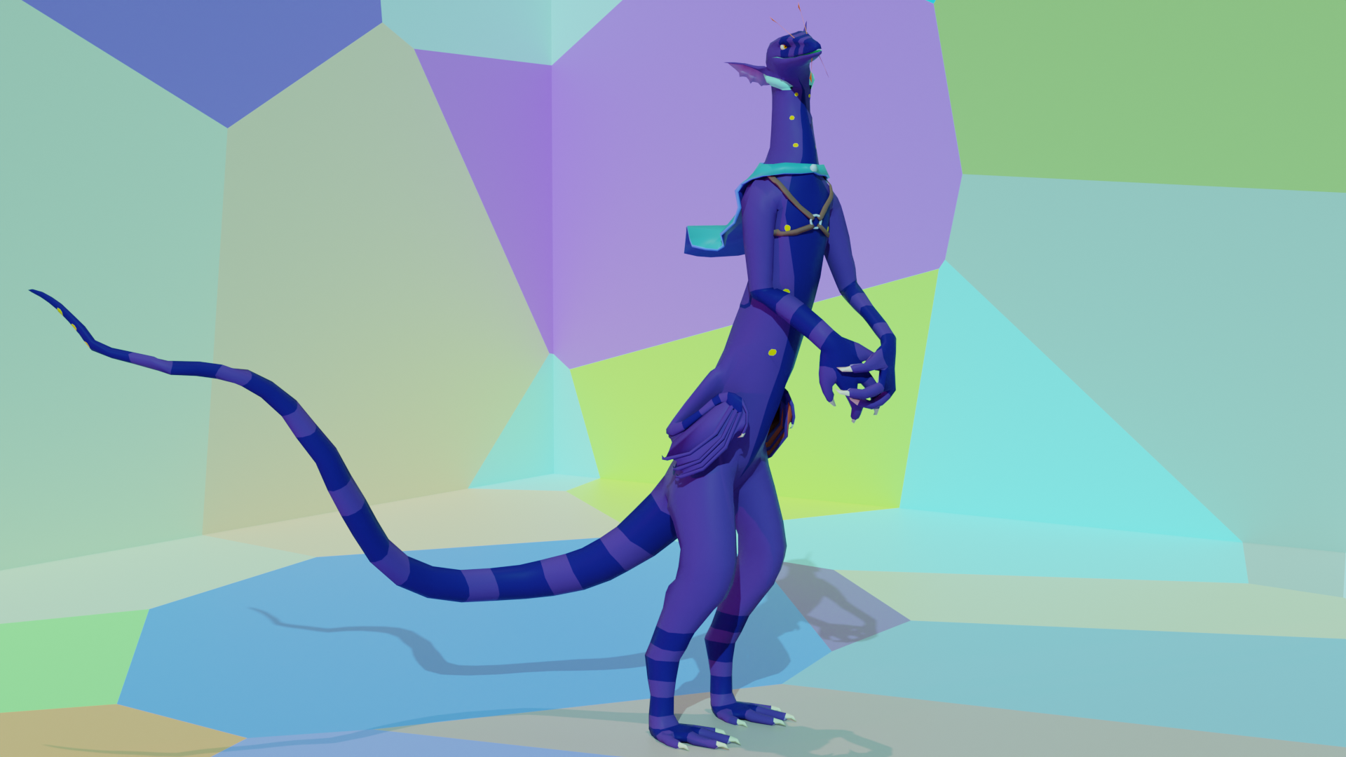 3D render of a purple snake-like alien character waving to the camera while in a black room sitting on a black cube with glowing green shapes behind them.