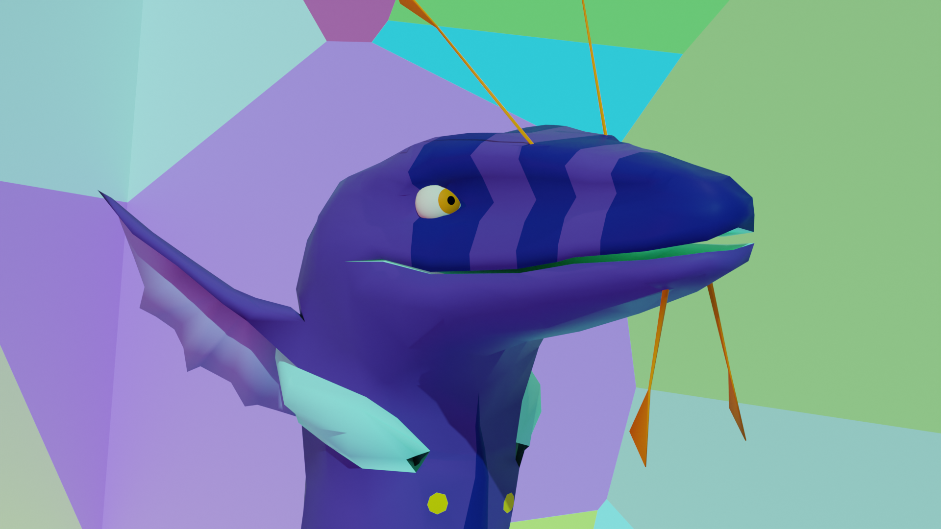 3D rendered headshot of a purple alien character on a pastel background.
