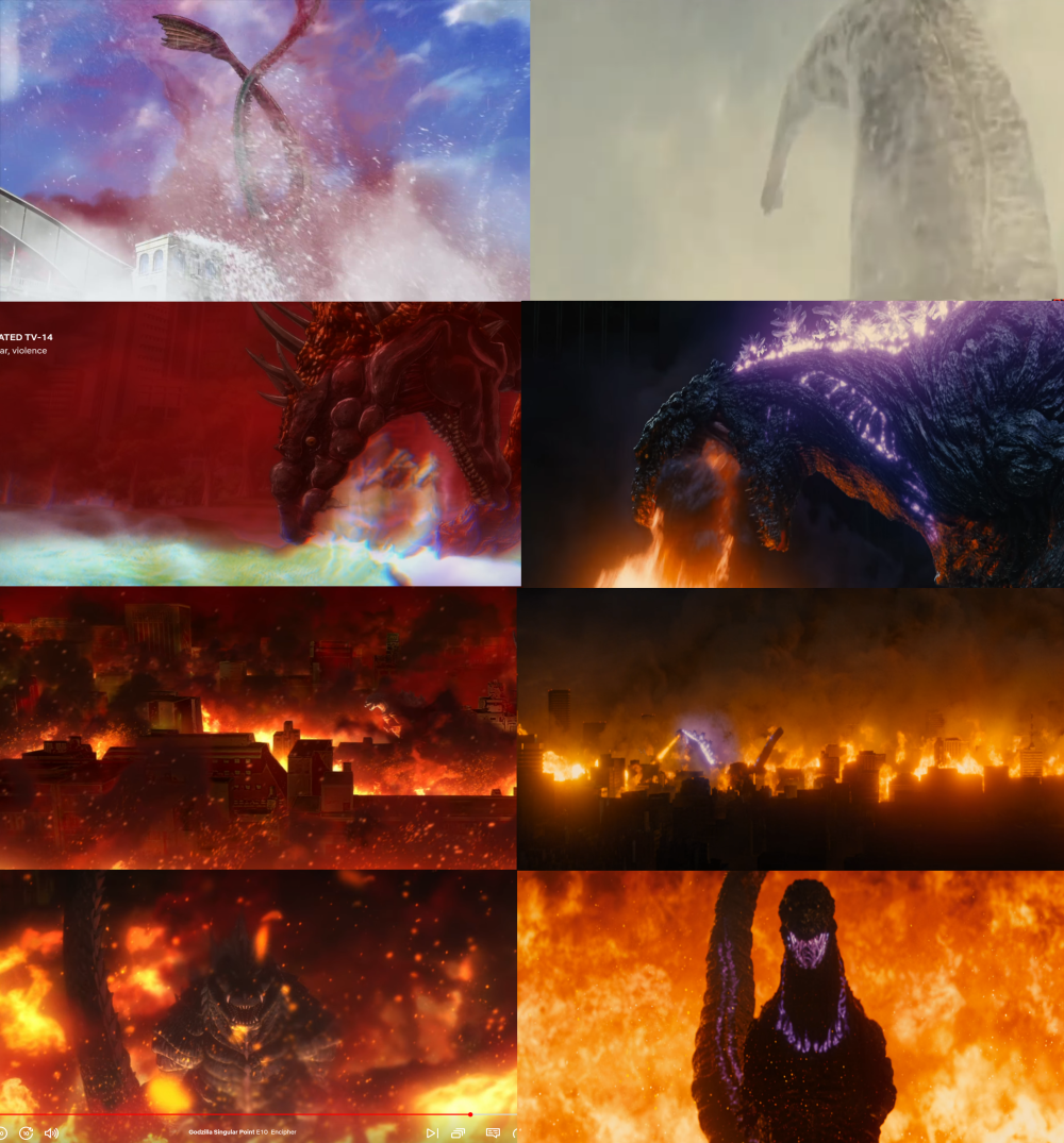 A compilation of similar shots between GSP and Shin. The first comparison shows a similar shot between their tails emerging from the water. In the second, they're both breathing their smokey atomic breath onto the ground. Third, both walking through a flaming city. Fourth, a shot of them walking through the flaming city straight on.