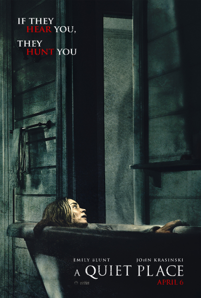 A Quiet Place's poster, a woman lays in a bathtub and looks at an ominous shadow on the wall.