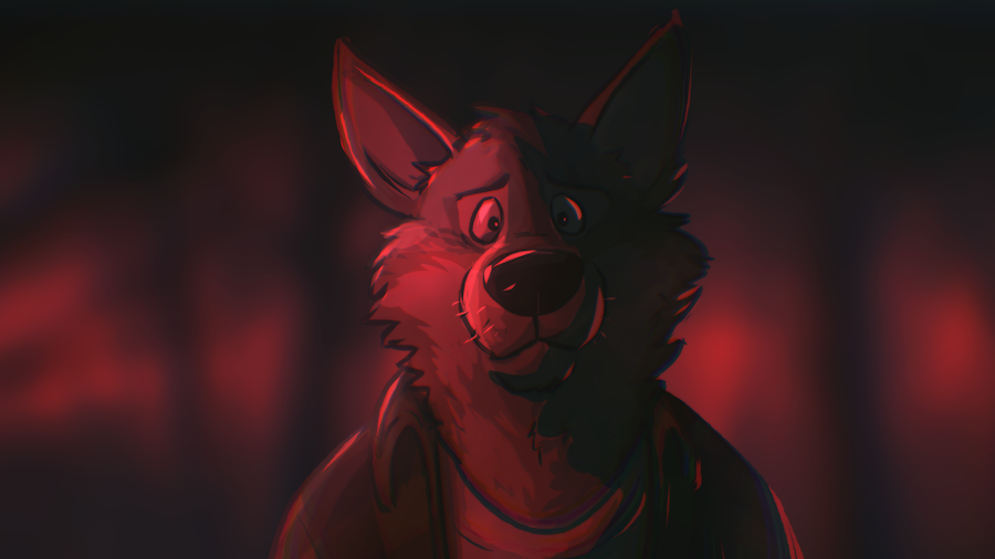 A male anthropomorphic coyote in deep red lighting stares forward with a puzzled inquisitive expression.