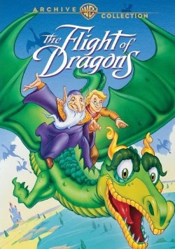 DVD cover showing a cartoon wizard and blonde young man riding on a happy green dragon's back.