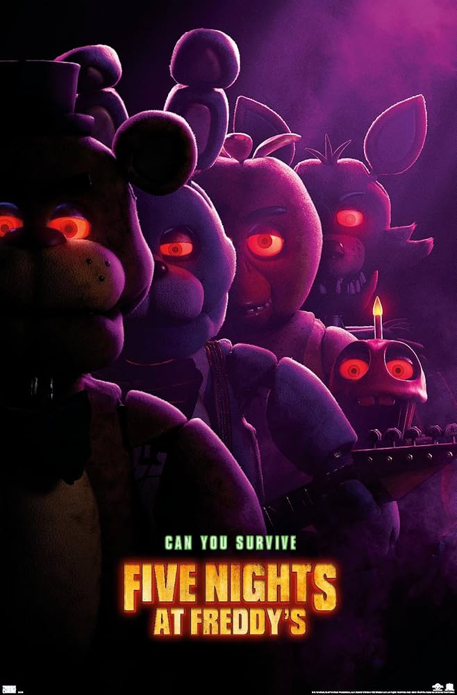 Poster for F N A F. The animatronics Freddy Fazbear, Bonnie the Bunny, Chica the Chicken and her cupcake, as well as Foxy the Pirate Fox are lined up one behind the other with Freddy up front. The poster is heavily tinted purple and only half of the animatronics are seen. They all glare at the camera with glowing red eyes.