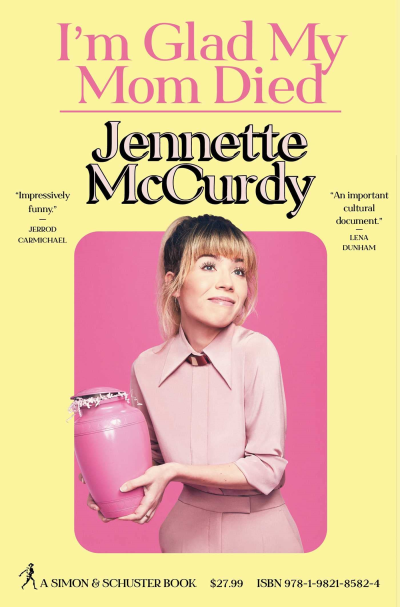 Cover page of the novel. Jennette in pink clothes stands against a pink background holding a pink urn full of pink confetti.