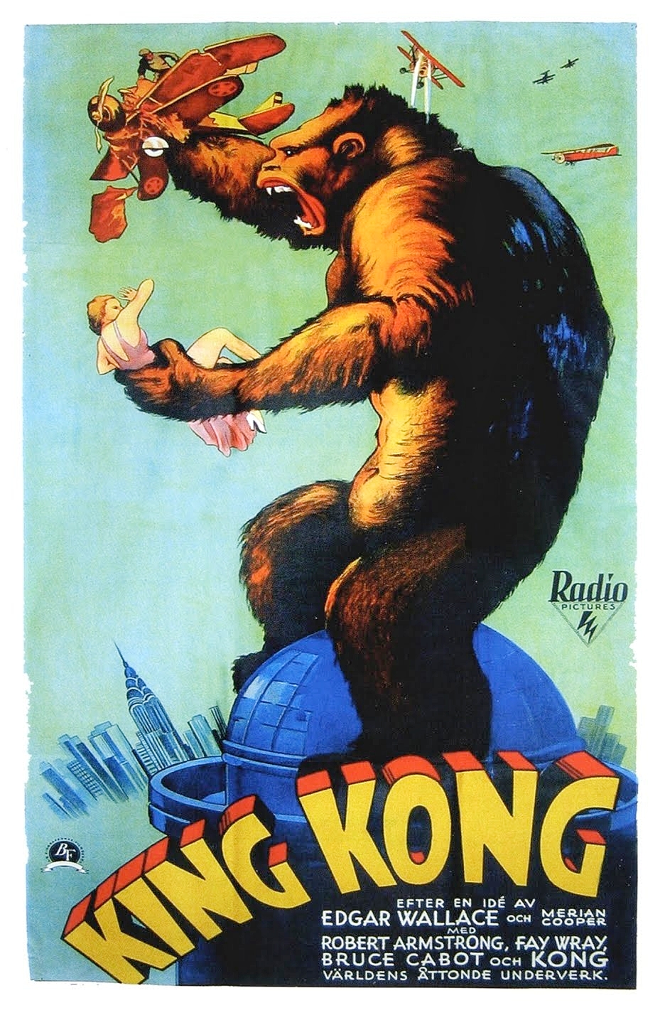 Painted poster of King Kong on the empire state building with a destroyed plane in one hand and a woman in the other.