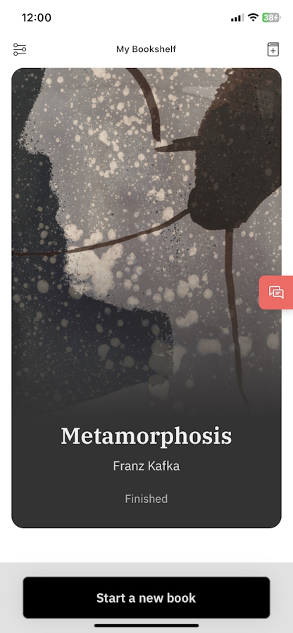 Screenshot of the audiobook's cover in the Audrey app. It shows the dirty speckled gray brown silhouette of a man's face with the shape of a cockroach coming down from the top right corner.