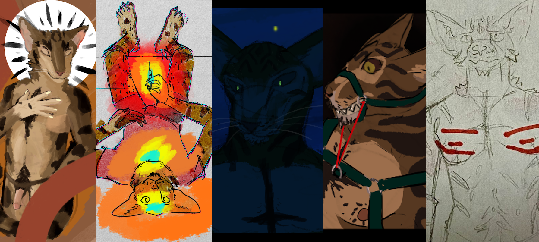 Compilation of digital art of the cat character. In order: Digital painting of him naked looking calm. Him upside down looking happy and serene about his testosterone injection. In the dark, silently regarding a firefly. Struggling fiercely against the leather straps holding him down, his muzzle tied to the D-ring in his chest harness. Looking frail and sad shirtless, top surgery scars drawn over his existing breasts.