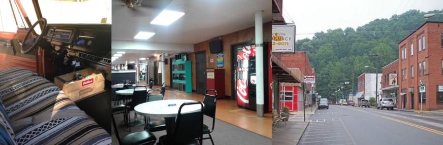 Three images to show Nate's regional aesthetic. A pickup truck lined with a blanket. The interior of some building with several tables and a soda machine. The street of a random small southern town.