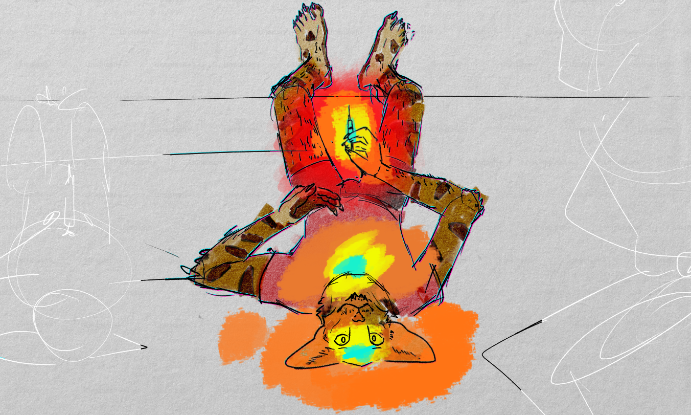 Nate laying on his back with his feet propped up like he's sitting on a couch upside down. He looks towards the viewer with a serene expression. He holds a needle and syringe above his chest, framed between his legs. Bursts of color come from his head, chest, and the syringe.