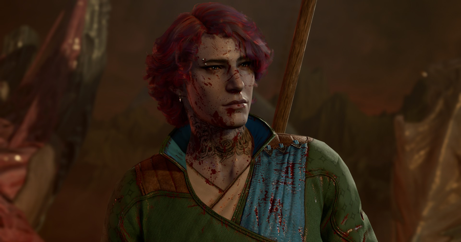 Screenshot of Ryld, a light gray-skinned half-elf with short curly purple hair. He is very androgynous.