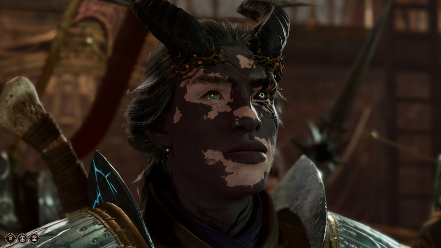 Baldur's Gate 3 screenshot showing the player character named Tav, who is a purple tiefling with vitiligo and two differently colored eyes. One is typical human blue and one is black with a glowing green iris.