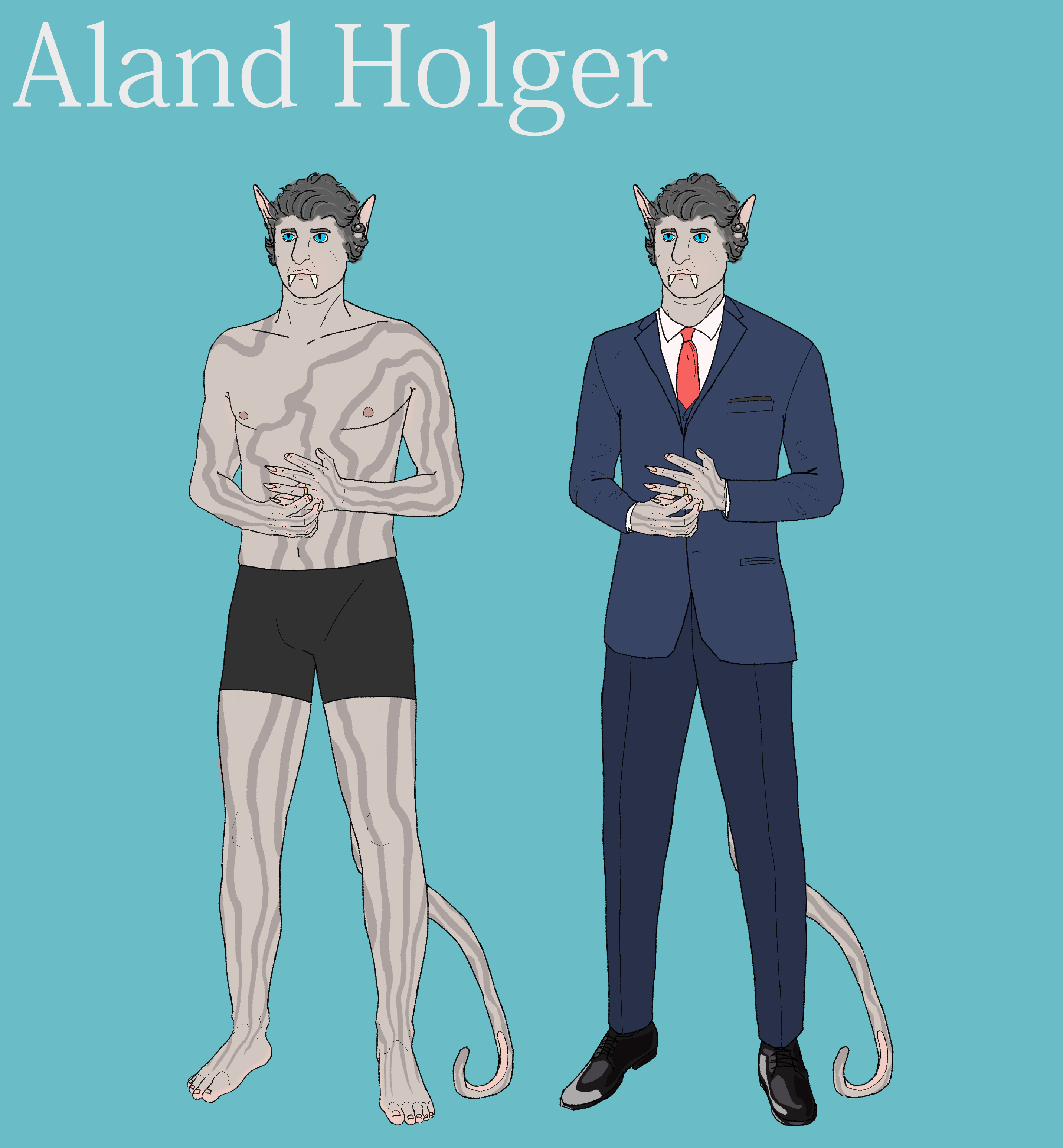 Digital art: Reference sheet for the character Aland Holger. He is a man with cat-like traits, his fur is gray and vertically striped. He can be seen partially nude and in a suit.