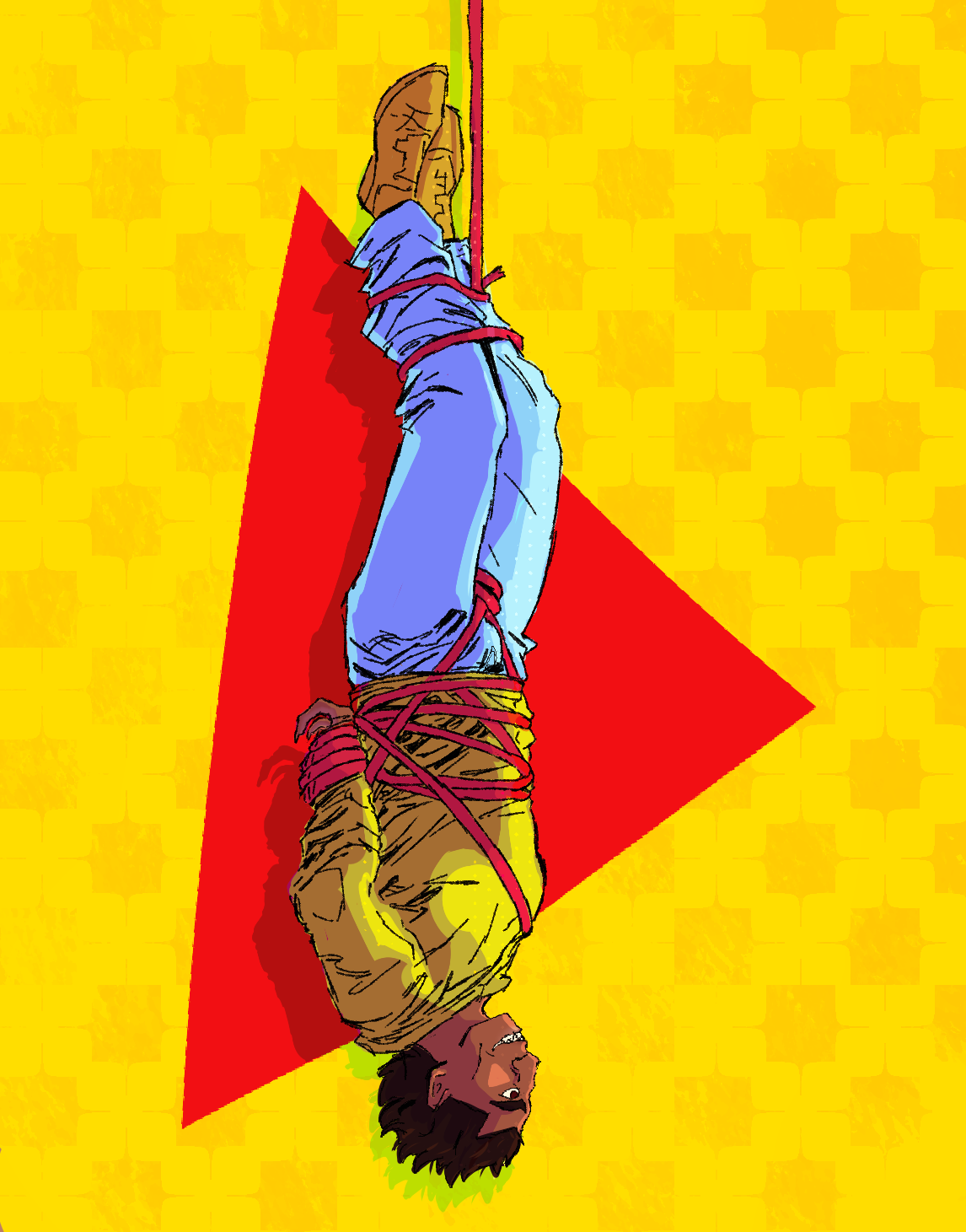 Digital art: Miguel O'Hara tied up with red ropes and grinning while suspended upside-down.